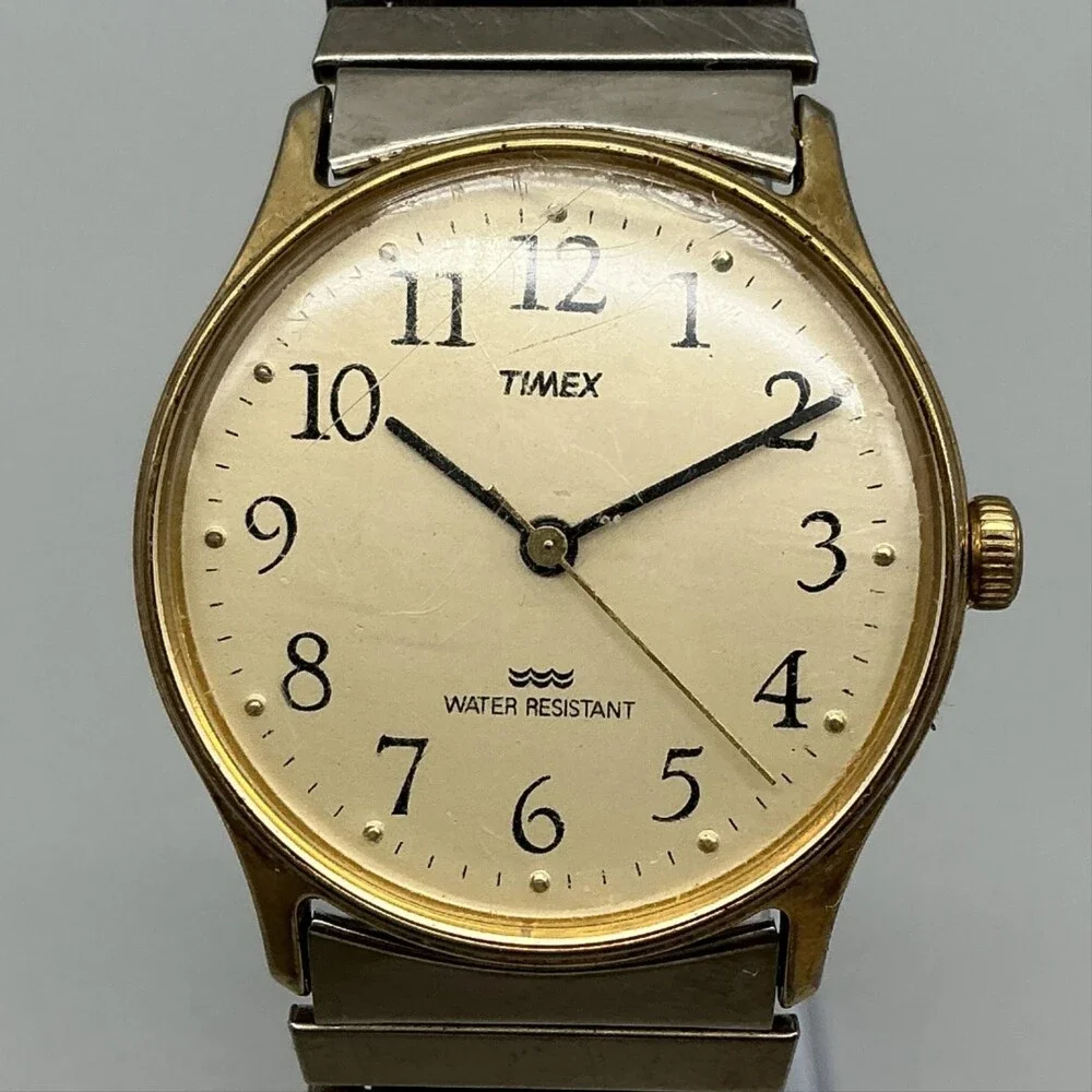 Vintage Timex 1970s Mens Watch 33mm Gold Tone Stretch Band Manual Wind